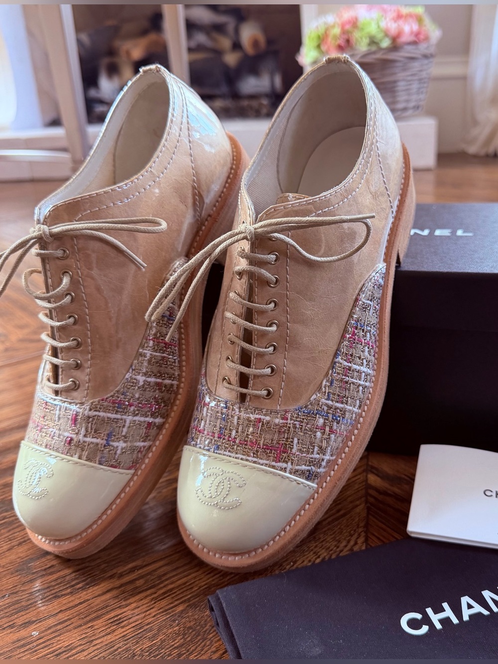 CHANEL Beige Patent Toe & Tweed Lace-Up Oxfords